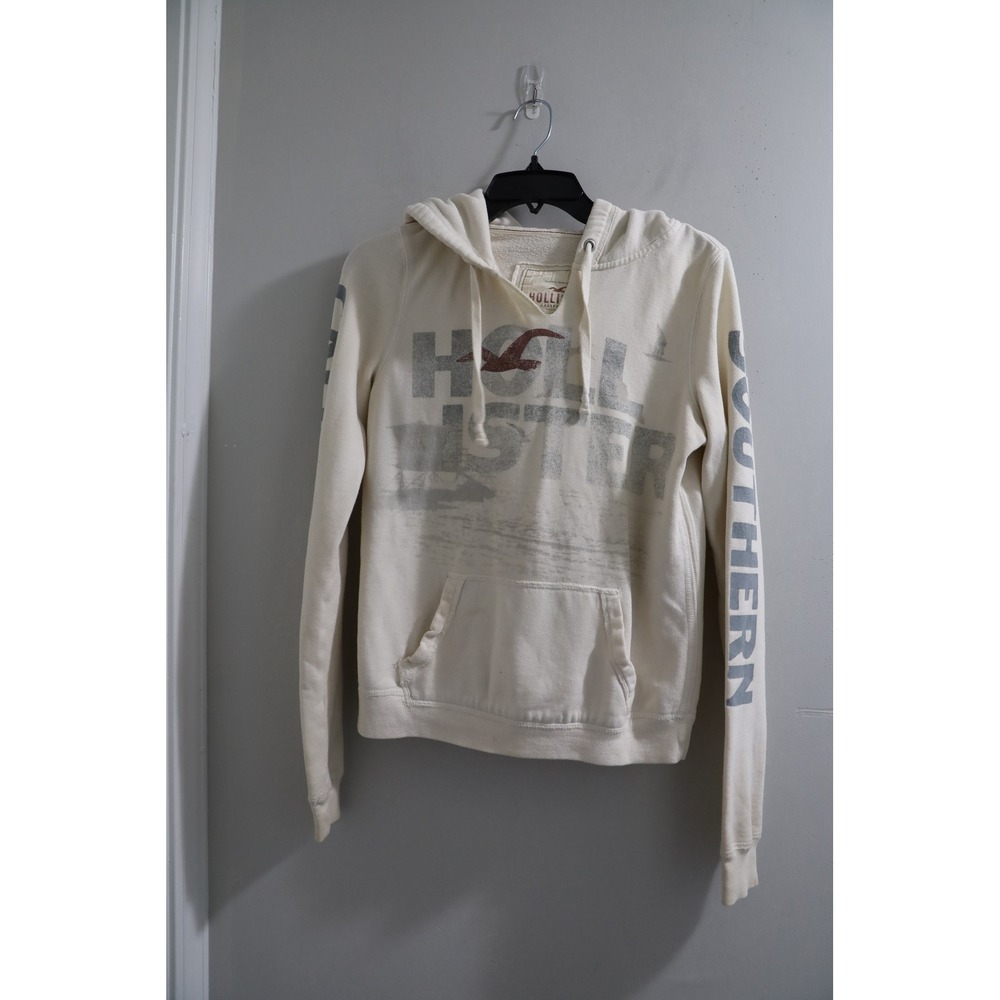 Hollister Hoodie Cream Graphic Print Sweatshirt Size L "Southern California" y2K